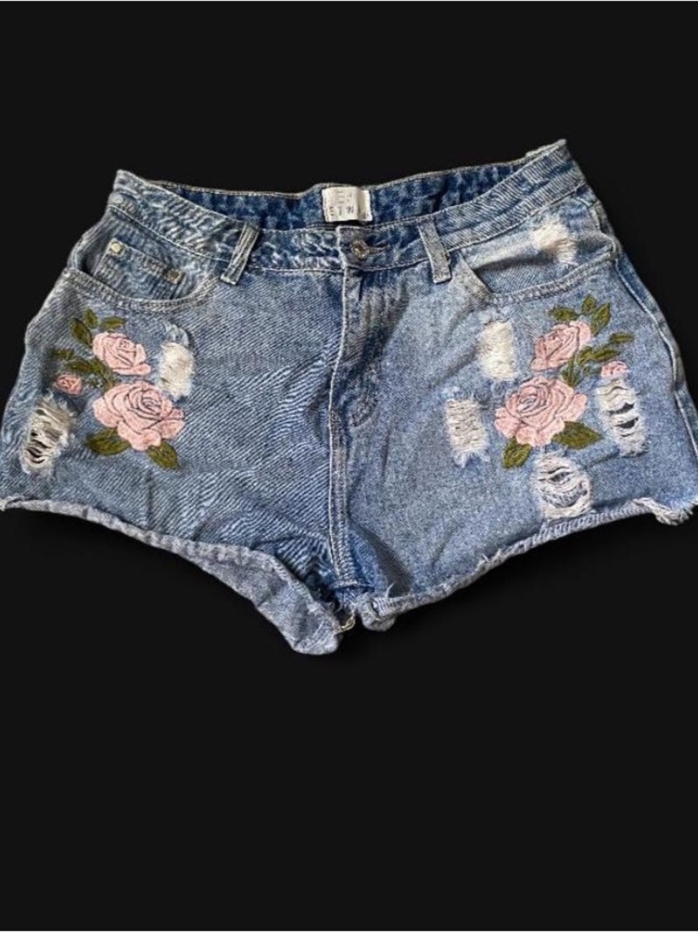 Denim Short Shorts with Pink Rose Embroidery